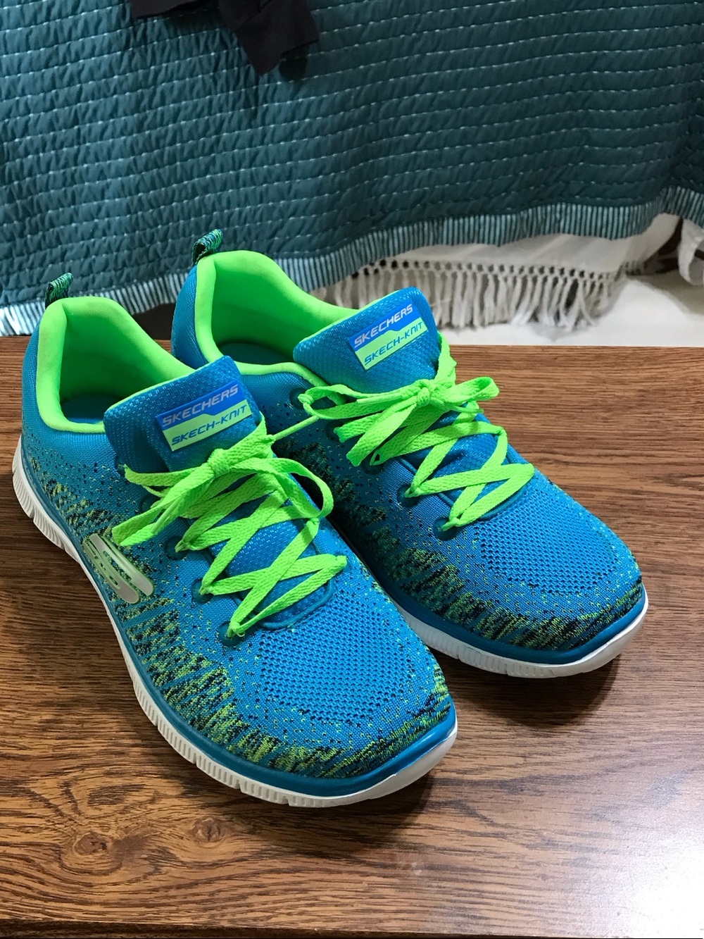 Skechers Bright Blue Knit Sneakers with Neon Green Accents